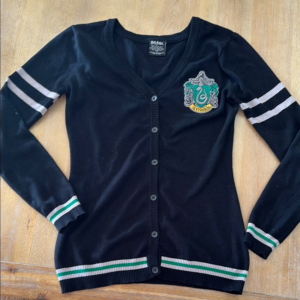 Warner Bros. Black and Green Cardigan Sweater with V-neck and Stripes